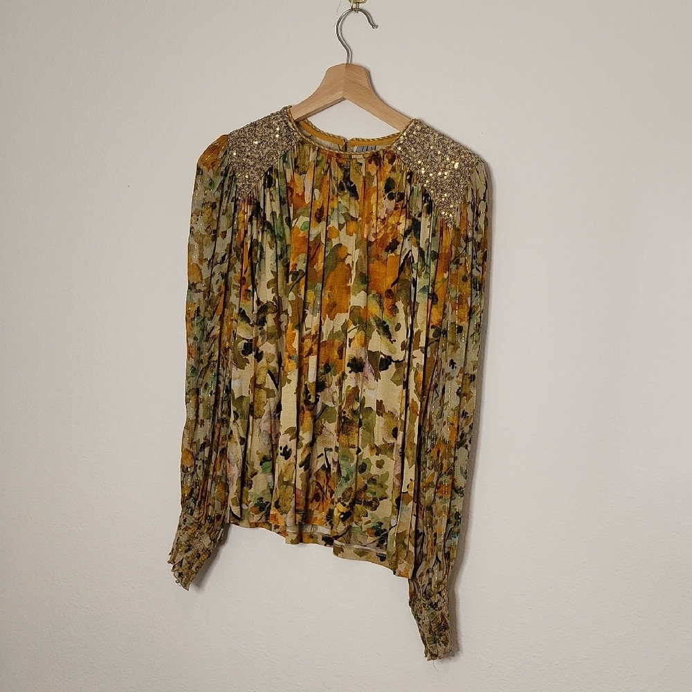 Anthropologie Floral Sequin Blouse in Gold and Cream - Picture 12 of 12